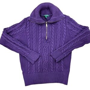 Lauren Ralph Lauren Sweater Womens Purple Cable Knit Zip Knit Rollneck Size L